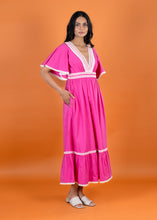 Load image into Gallery viewer, POPPY V NECK DRESS w FLOUNCE SLV CHERRY