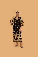 Load image into Gallery viewer, ATHENA MIDI DRESS BLACK WITH GOLD EMBROIDERY