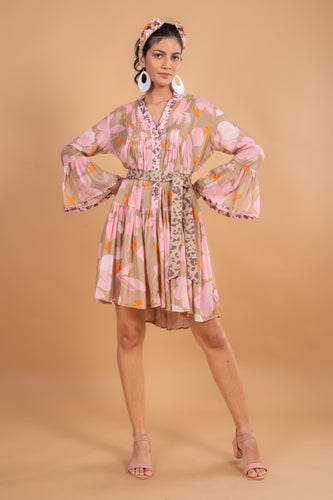 CAMEL FLOWER TUNIC DRESS w SASH BELT