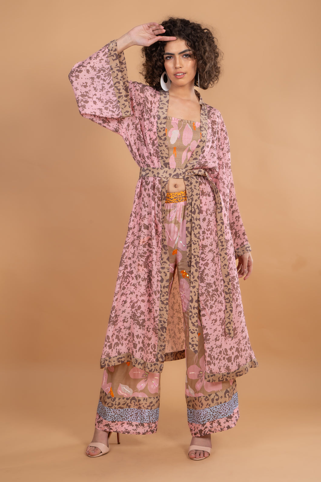 CAMEL FLOWER KIMONO FLORAL W SASH BELT