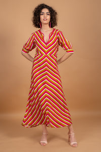 ANNA PUFF SLEEVE DRESS - PINK STRIPES