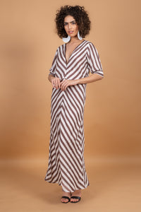 ANNA PUFF SLEEVE DRESS - MOCHA STRIPES