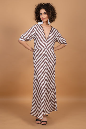 ANNA PUFF SLEEVE DRESS - MOCHA STRIPES