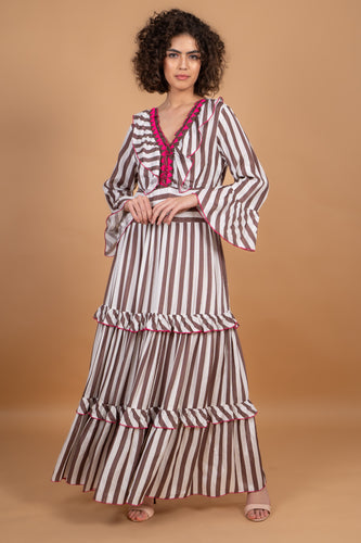 ANNA FRILL MAXI DR - MOCHA STRIPES