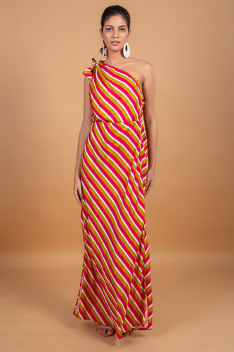 ANNA ONE SHOULDER DRESS  - PINK STRIPES