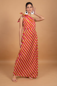 ANNA ONE SHOULDER DRESS  - PINK STRIPES