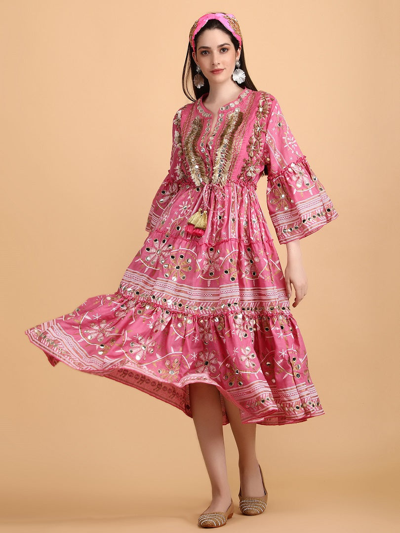 Lyanna Midi Dress in White with Multi Pink Print