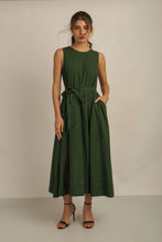 Load image into Gallery viewer, SAMMY FLARE DRESS  w SASH - GREEN LINED