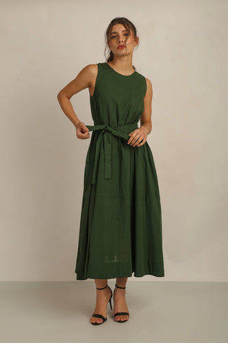SAMMY FLARE DRESS  w SASH - GREEN LINED