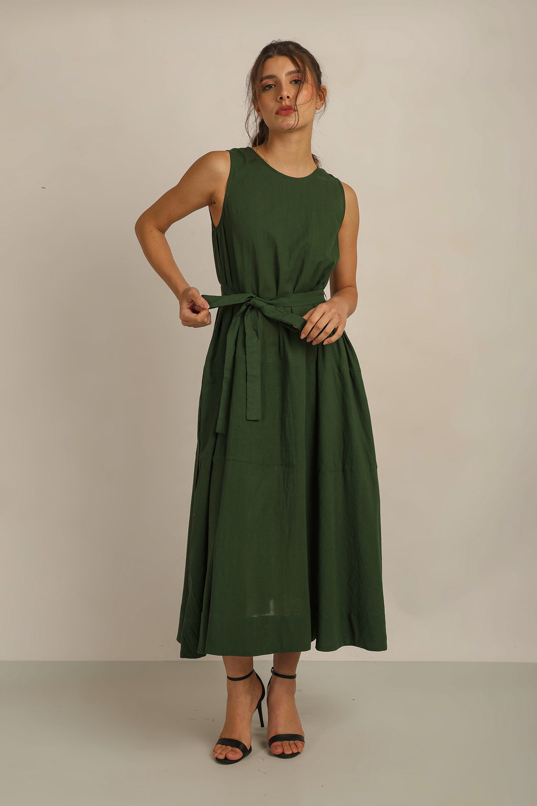 SAMMY FLARE DRESS  w SASH - GREEN LINED