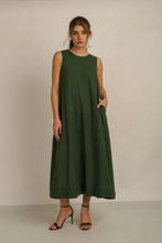Load image into Gallery viewer, SAMMY FLARE DRESS  w SASH - GREEN LINED