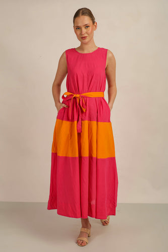 SAMMY FLARE DRESS w SASH- PINK/ORG LINED