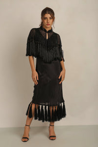 ZAZA BEADED/TASSEL CAPE -BLACK
