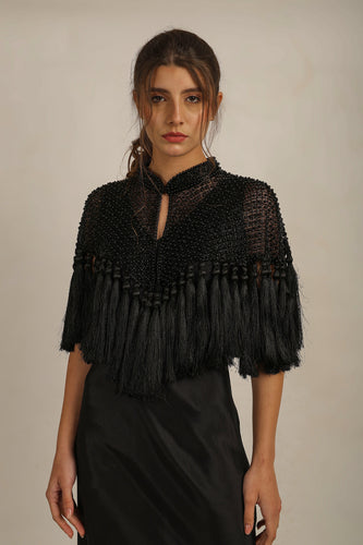 ZAZA BEADED/TASSEL CAPE -BLACK