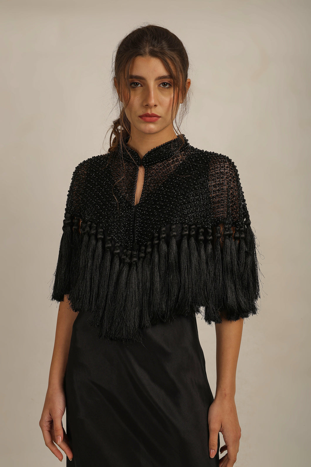 ZAZA BEADED/TASSEL CAPE -BLACK