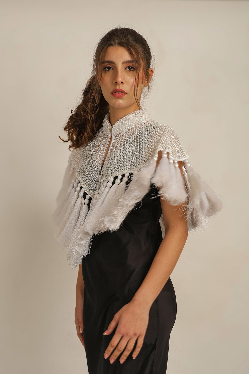 ZAZA BEADED/TASSEL CAPE -WHITE