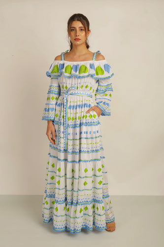 HATI ANGEL OFF SHOULDER DRESS WITH SLV- WHT/BLU