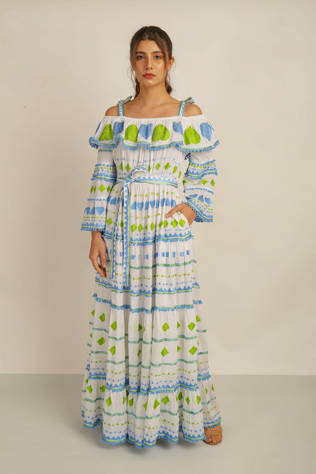 HATI ANGEL OFF SHOULDER DRESS WITH SLV- WHT/BLU