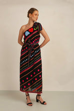 Load image into Gallery viewer, HATI  ONE SHOULDER DRESS w SASH- BLK/MLT