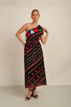 Load image into Gallery viewer, HATI  ONE SHOULDER DRESS w SASH- BLK/MLT