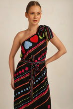 Load image into Gallery viewer, HATI  ONE SHOULDER DRESS w SASH- BLK/MLT