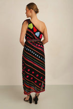 Load image into Gallery viewer, HATI  ONE SHOULDER DRESS w SASH- BLK/MLT