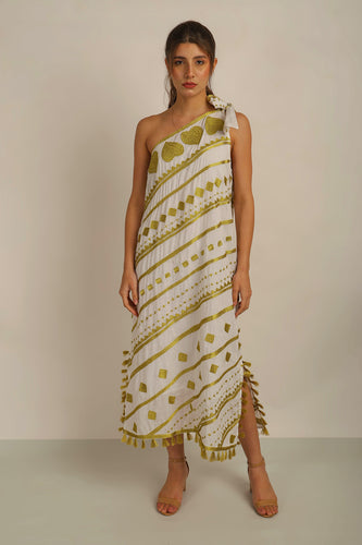 HATI ONE SHLDER DRESS w SASH- WHITE/GOLD