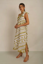 Load image into Gallery viewer, HATI ONE SHLDER DRESS w SASH- WHITE/GOLD
