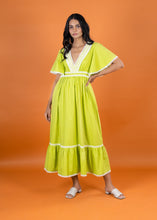 Load image into Gallery viewer, POPPY V NECK DRESS w FLOUNCE SLV LIME