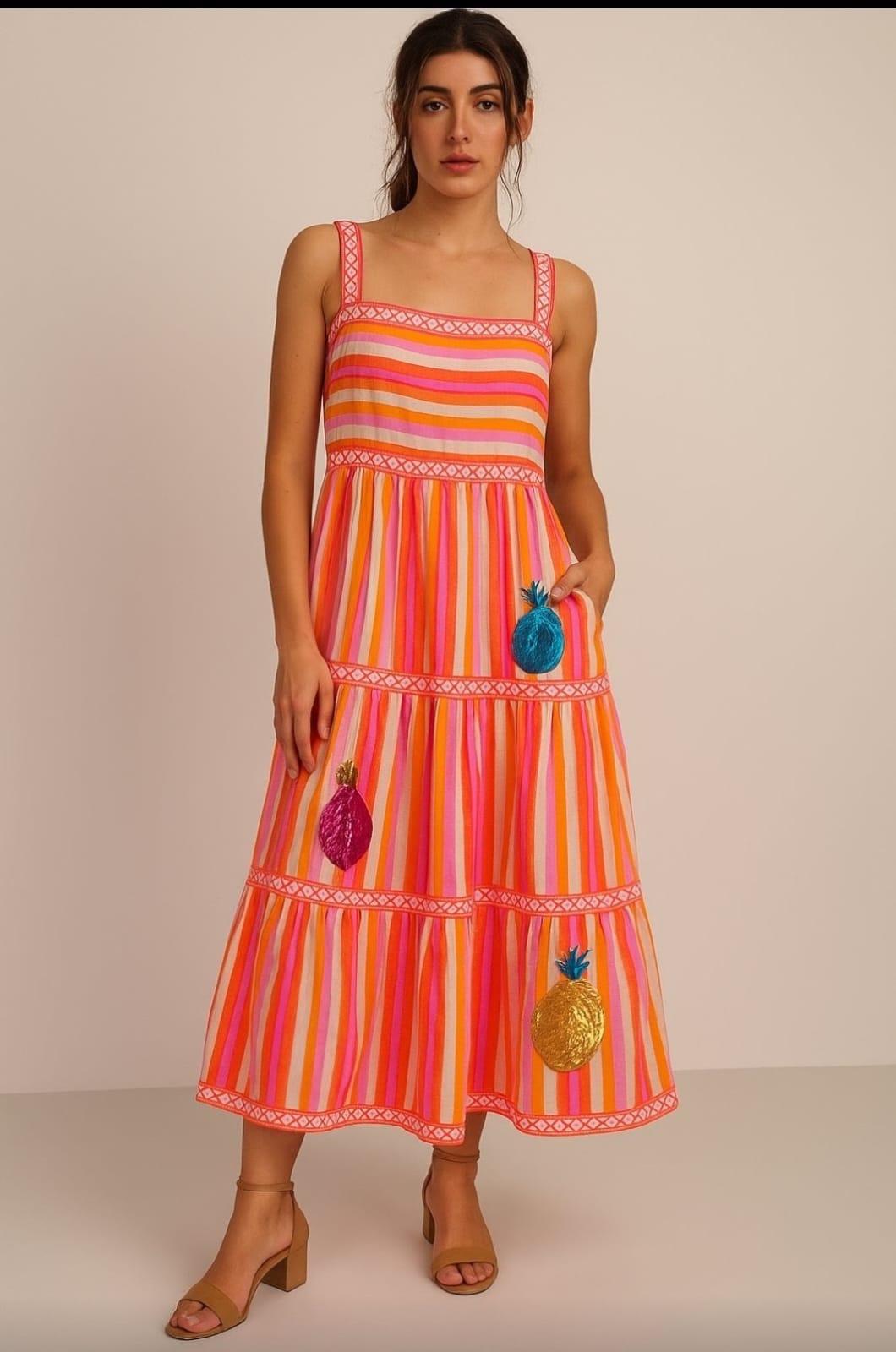 MALTA STRAP DRESS WITH PINEAPPLE MOTIFS