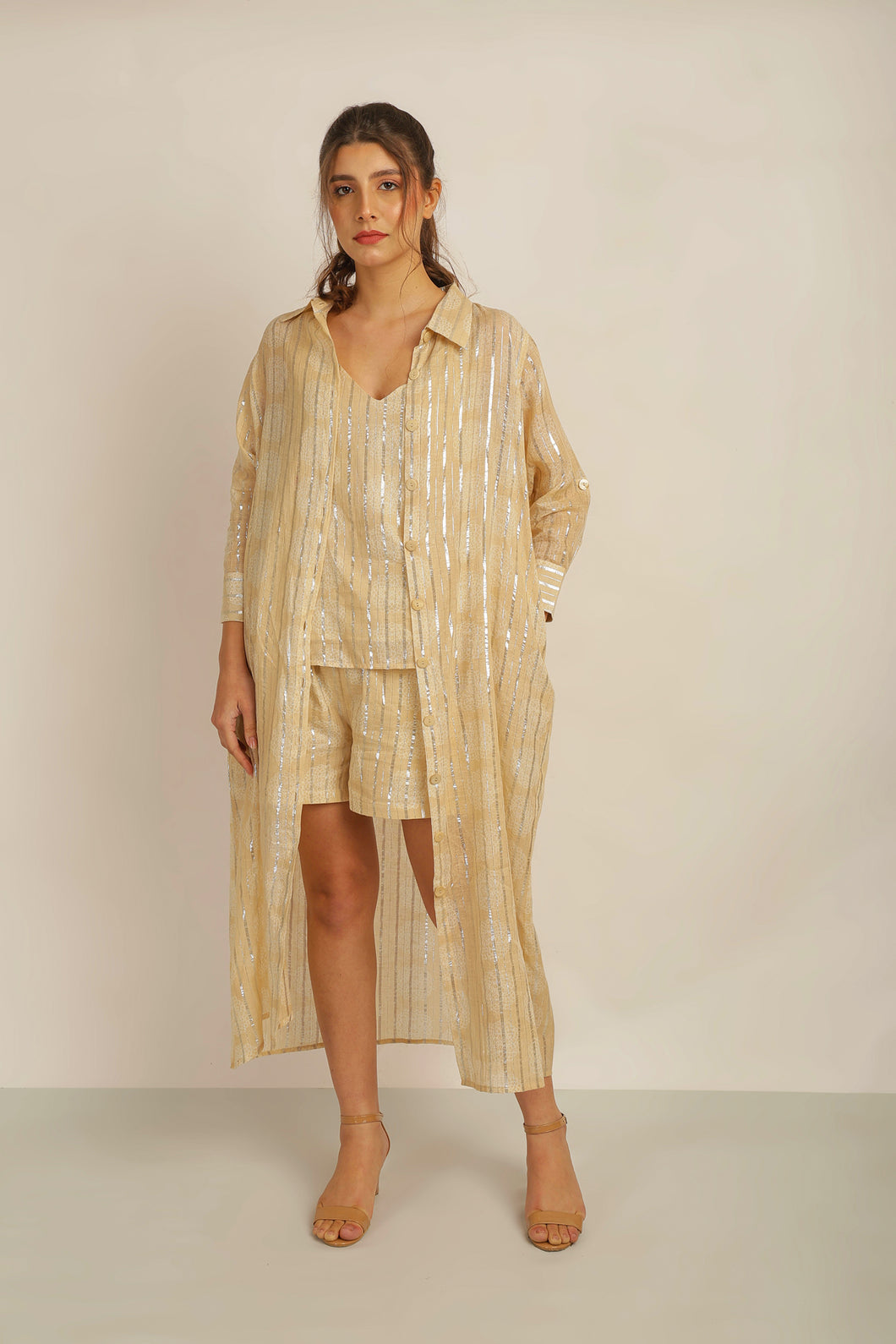 SUN LUREX SHIRT DRESS WITH SASH BELT