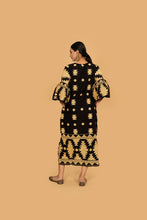 Load image into Gallery viewer, ATHENA MIDI DRESS BLACK WITH GOLD EMBROIDERY