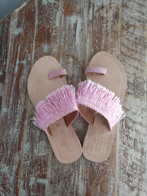 Pink Fringed Toe Slides