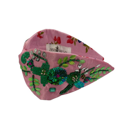 Beautifully crafted Headband - Pink with green sequins